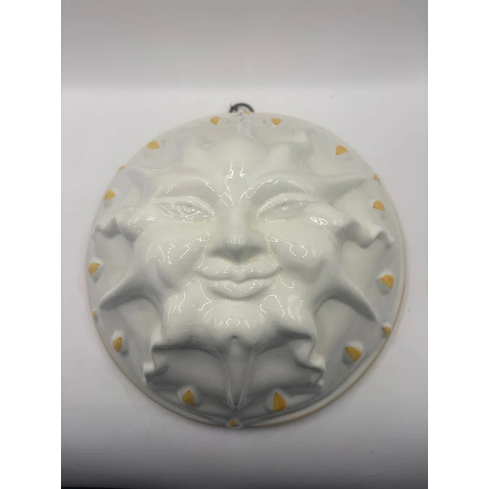 Vintage Ceramic Sun Face Mold Wall Hanging White Yellow Celestial Decor 8.5